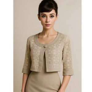 Cache Linen Lace Overlay Romantic Cropped Jacket Aubrey Hepburn Size 10 Chic